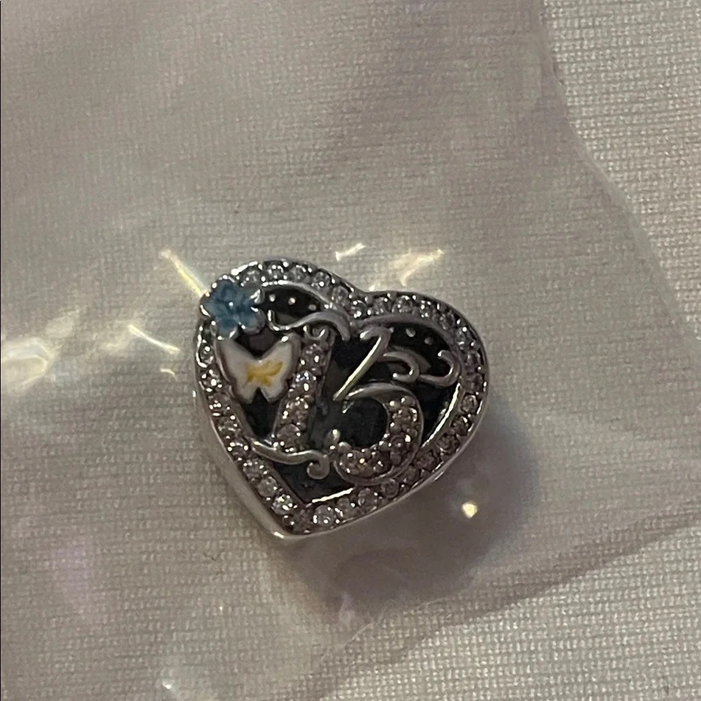 Heart-Shaped Sterling Silver 925 Charm with Number “15” and Blue Yellow Accents - Picture 2 of 4